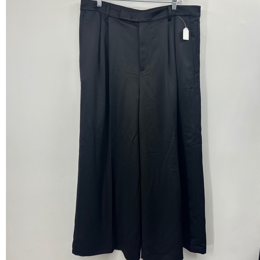 Lauren Ralph Lauren Black Wide Leg Pleated Trousers Satin Finish Dress Pants 16
